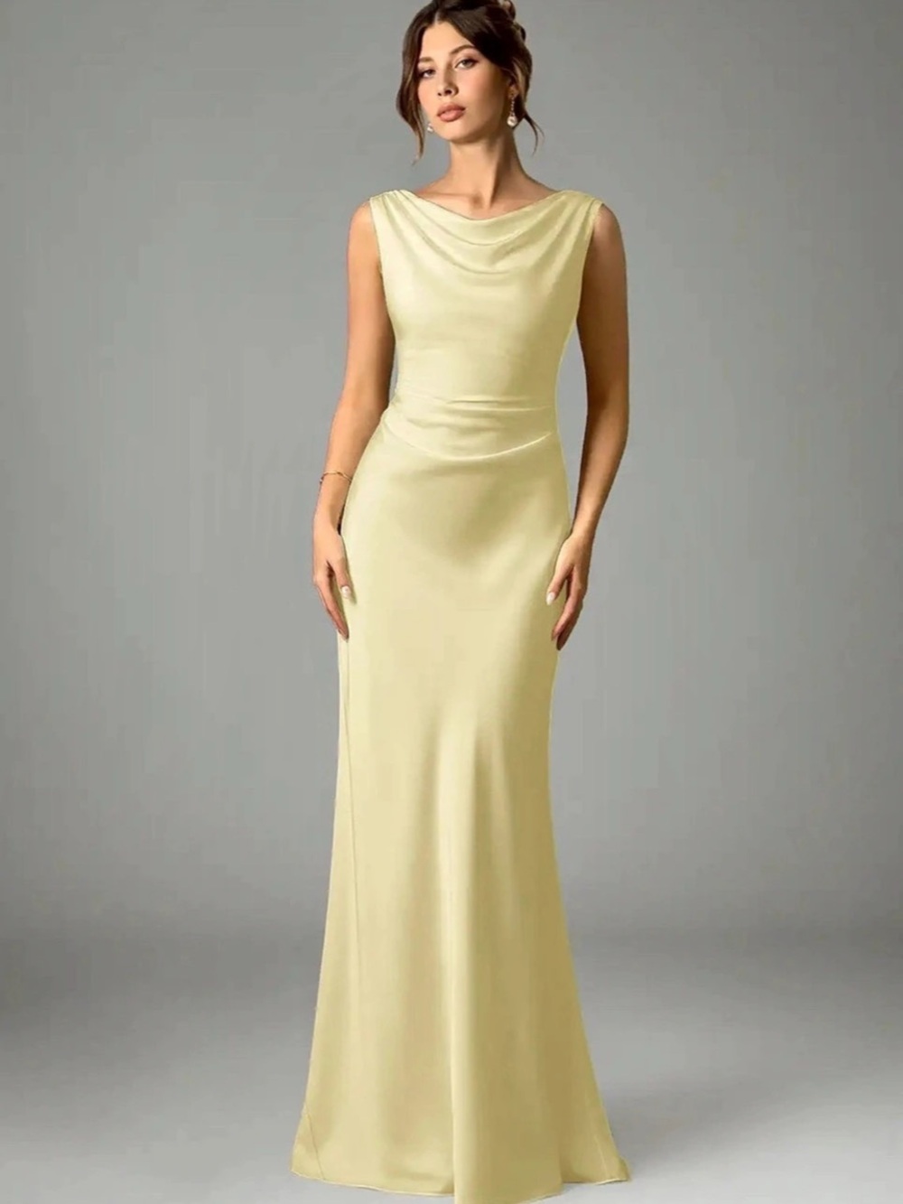 Azazie Kieryn butter yellow satin maxi dress